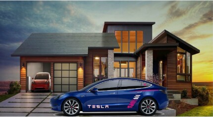 2018 Model 3 in front of Solar City Home Elon Musk Sticker