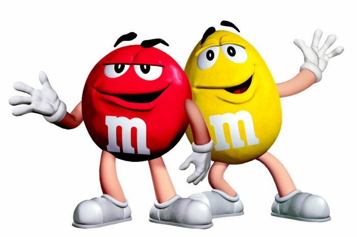 m&m red and yellow sticker