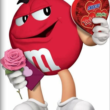 m&m red sticker with candy box and roses