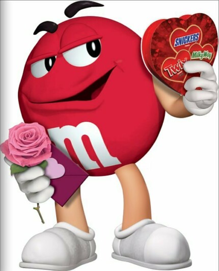 m&m red sticker with candy box and roses